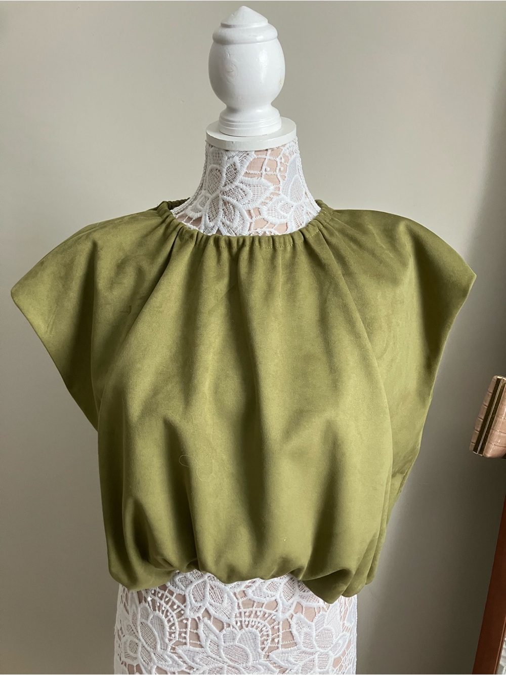 Zara Olive Green Gathered Neck Cap Sleeve Crop Top